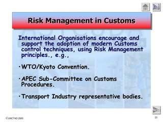 ©UNCTAD 2000 23
End
Next
International Organisations encourage and
support the adoption of modern Customs
control techniques, using Risk Management
principles., e.g.,
•WTO/Kyoto Convention.
•APEC Sub-Committee on Customs
Procedures.
•Transport Industry representative bodies.
Risk Management in Customs
 