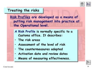 ©UNCTAD 2000 39
End
Next
Treating the risks
Risk Profiles are developed as a means of
putting risk management into practice at
the Operational level.
A Risk Profile is normally specific to a
Customs office. It describes:
• The risk areas
• Assessment of the level of risk
• The countermeasures adopted
• Activation date and review dates
• Means of measuring effectiveness.
 