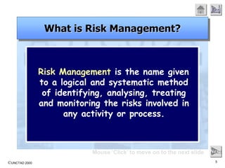 ©UNCTAD 2000 5
End
Mouse ‘Click’ to move on to the next slide Next
Risk Management is the name given
to a logical and systematic method
of identifying, analysing, treating
and monitoring the risks involved in
any activity or process.
What is Risk Management?
 