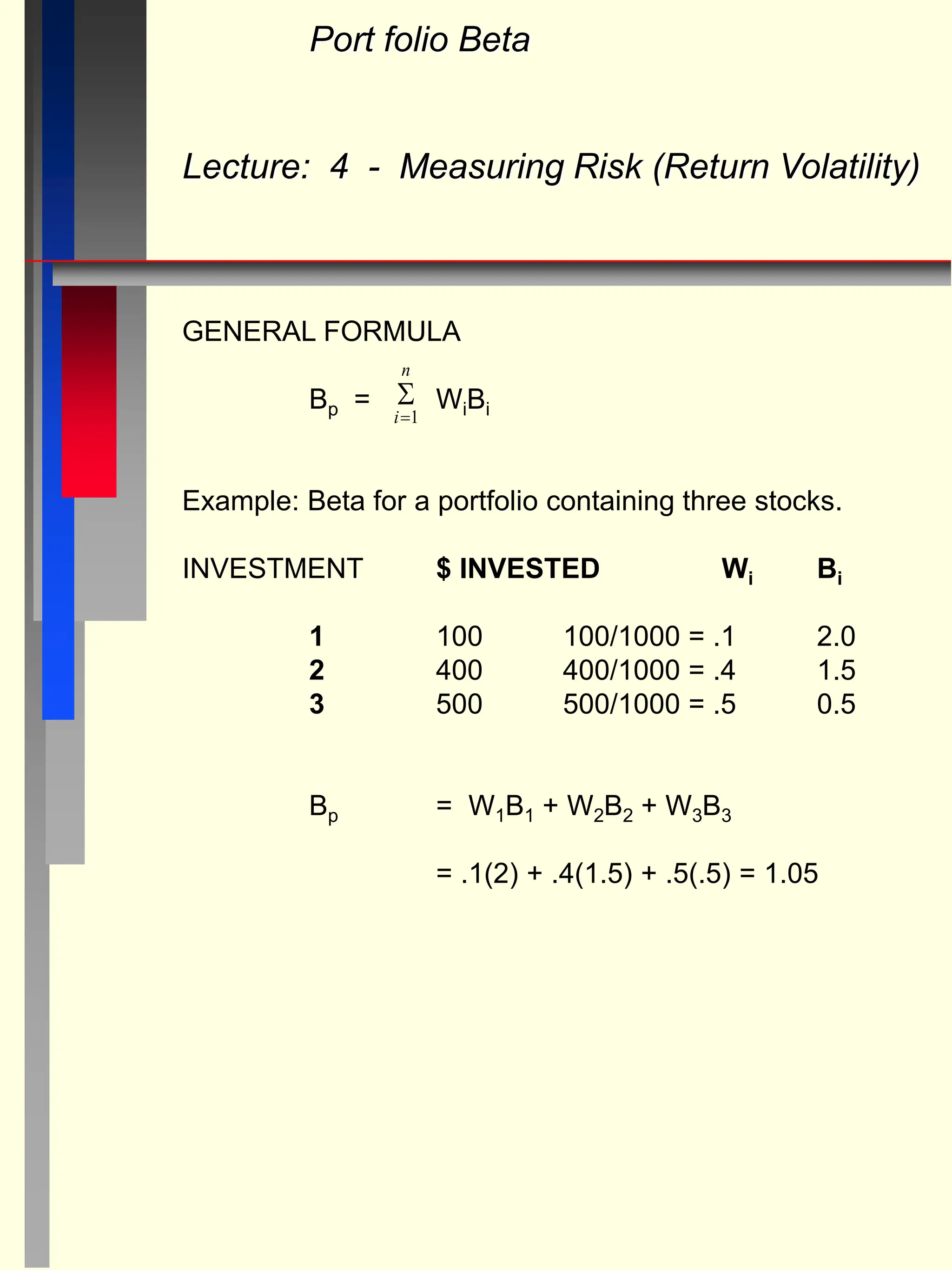 Port folio Beta
Lecture: 4 - Measuring Risk (Return Volatility)
GENERAL FORMULA
Bp = WiBi
Example: Beta for a portfolio containing three stocks.
INVESTMENT $ INVESTED Wi Bi
1 100 100/1000 = .1 2.0
2 400 400/1000 = .4 1.5
3 500 500/1000 = .5 0.5
Bp = W1B1 + W2B2 + W3B3
= .1(2) + .4(1.5) + .5(.5) = 1.05

i
n
1
 