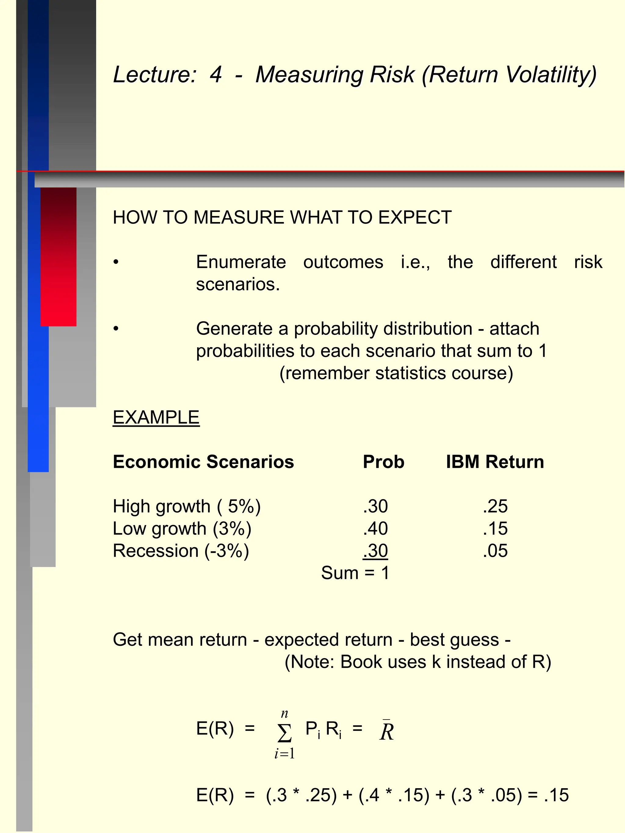 HOW TO MEASURE WHAT TO EXPECT
• Enumerate outcomes i.e., the different risk
scenarios.
• Generate a probability distribution - attach
probabilities to each scenario that sum to 1
(remember statistics course)
EXAMPLE
Economic Scenarios Prob IBM Return
High growth ( 5%) .30 .25
Low growth (3%) .40 .15
Recession (-3%) .30 .05
Sum = 1
Get mean return - expected return - best guess -
(Note: Book uses k instead of R)
E(R) = Pi Ri =
E(R) = (.3 * .25) + (.4 * .15) + (.3 * .05) = .15
Lecture: 4 - Measuring Risk (Return Volatility)

i
n
1
R
_
 