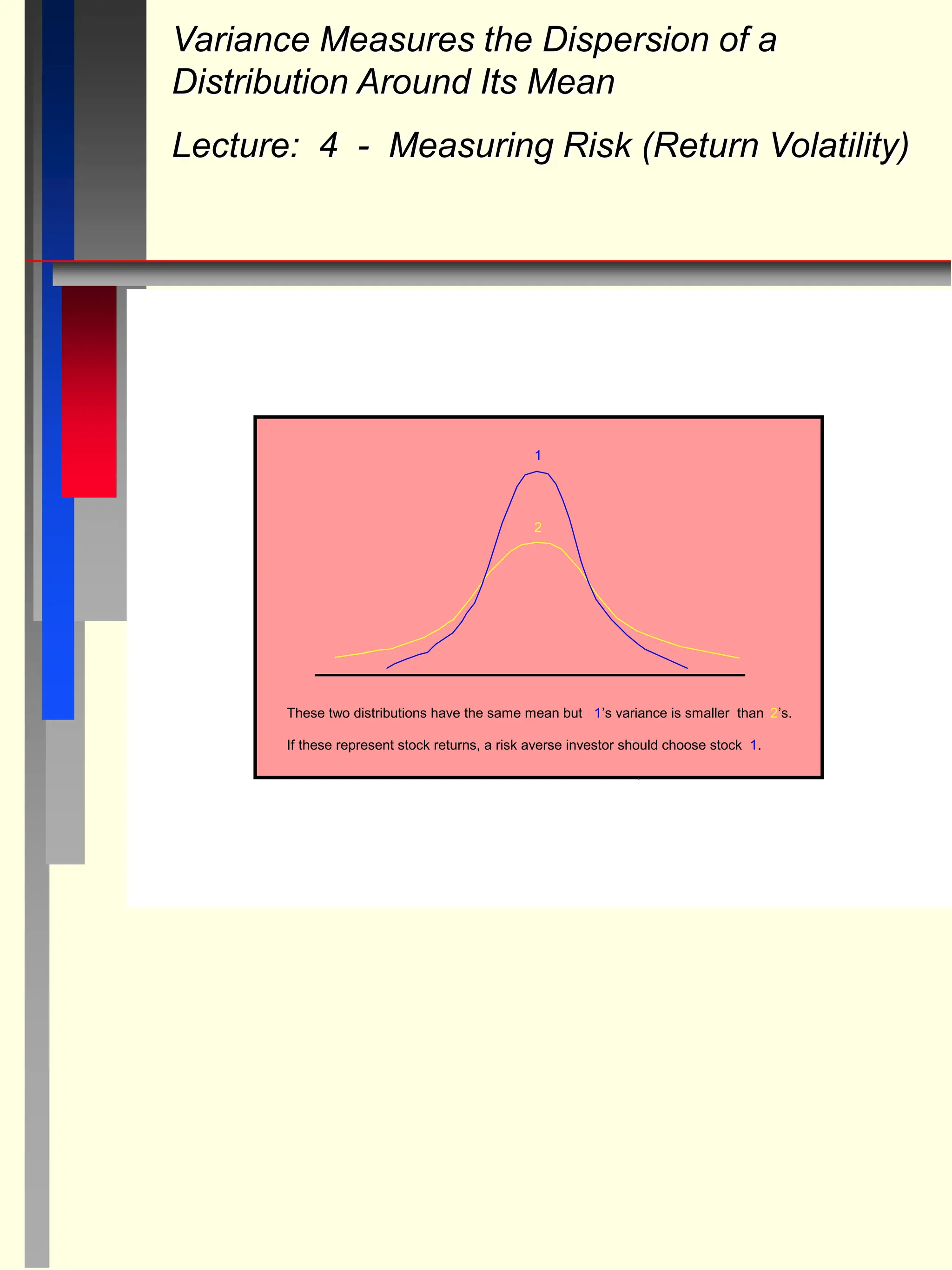 Variance Measures the Dispersion of a
Distribution Around Its Mean
Lecture: 4 - Measuring Risk (Return Volatility)
1
2
These two distributions have the same mean but 1’s variance is smaller than 2’s.
If these represent stock returns, a risk averse investor should choose stock 1.
 