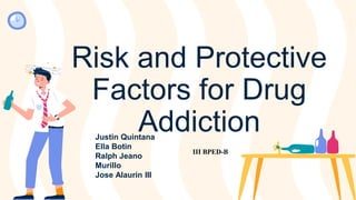 Risk and Protective
Factors for Drug
Addiction
Justin Quintana
Ella Botin
Ralph Jeano
Murillo
Jose Alaurin III
III BPED-B
 