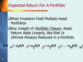 Expected Return For A Portfolio Most Investors Hold Multiple Asset Portfolios Key Insight of  Portfolio Theory : Asset Return Adds Linearly, But Risk Is (Almost Always) Reduced in a Portfolio 