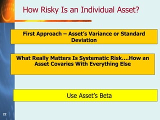 How Risky Is an Individual Asset? First Approach – Asset’s Variance or Standard Deviation What Really Matters Is Systematic Risk….How an Asset Covaries With Everything Else Use Asset’s Beta 