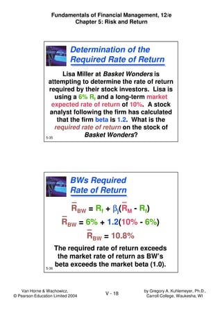 Van Horne & Wachowicz,
© Pearson Education Limited 2004
V - 18
Fundamentals of Financial Management, 12/e
Chapter 5: Risk and Return
by Gregory A. Kuhlemeyer, Ph.D.,
Carroll College, Waukesha, WI
5-35
Lisa Miller at Basket Wonders is
attempting to determine the rate of return
required by their stock investors. Lisa is
using a 6% Rf and a long-term market
expected rate of return of 10%. A stock
analyst following the firm has calculated
that the firm beta is 1.2. What is the
required rate of return on the stock of
Basket Wonders?
Lisa Miller at Basket Wonders is
attempting to determine the rate of return
required by their stock investors. Lisa is
using a 6% Rf and a long-term market
expected rate of return of 10%. A stock
analyst following the firm has calculated
that the firm beta is 1.2. What is the
required rate of return on the stock of
Basket Wonders?
Determination of the
Required Rate of Return
Determination of the
Required Rate of Return
5-36
RBW = Rf + ββββj(RM - Rf)
RBW = 6% + 1.2(10% - 6%)
RBW = 10.8%
The required rate of return exceeds
the market rate of return as BW’s
beta exceeds the market beta (1.0).
RBW = Rf + ββββj(RM - Rf)
RBW = 6% + 1.2(10% - 6%)
RBW = 10.8%
The required rate of return exceeds
the market rate of return as BW’s
beta exceeds the market beta (1.0).
BWs Required
Rate of Return
BWs Required
Rate of Return
 