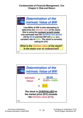 Van Horne & Wachowicz,
© Pearson Education Limited 2004
V - 19
Fundamentals of Financial Management, 12/e
Chapter 5: Risk and Return
by Gregory A. Kuhlemeyer, Ph.D.,
Carroll College, Waukesha, WI
5-37
Lisa Miller at BW is also attempting to
determine the intrinsic value of the stock.
She is using the constant growth model.
Lisa estimates that the dividend next period
will be $0.50 and that BW will grow at a
constant rate of 5.8%. The stock is currently
selling for $15.
What is the intrinsic value of the stock?
Is the stock over or underpriced?
Lisa Miller at BW is also attempting to
determine the intrinsic value of the stock.
She is using the constant growth model.
Lisa estimates that the dividend next period
will be $0.50 and that BW will grow at a
constant rate of 5.8%. The stock is currently
selling for $15.
What is the intrinsic value of the stock?
Is the stock over or underpriced?
Determination of the
Intrinsic Value of BW
Determination of the
Intrinsic Value of BW
5-38
The stock is OVERVALUED as
the market price ($15) exceeds
the intrinsic value ($10).
The stock is OVERVALUED as
the market price ($15) exceeds
the intrinsic value ($10).
Determination of the
Intrinsic Value of BW
Determination of the
Intrinsic Value of BW
$0.50
10.8% - 5.8%
Intrinsic
Value
=
= $10
 