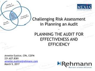 Insert Presentation
Title Here
Challenging Risk Assessment
in Planning an Audit
–
PLANNING THE AUDIT FOR
EFFECTIVENESS AND
EFFICIENCY
Annette Eustice, CPA, CGFM
231.627.8381
annette.eustice@rehmann.com
March 5, 2017
 