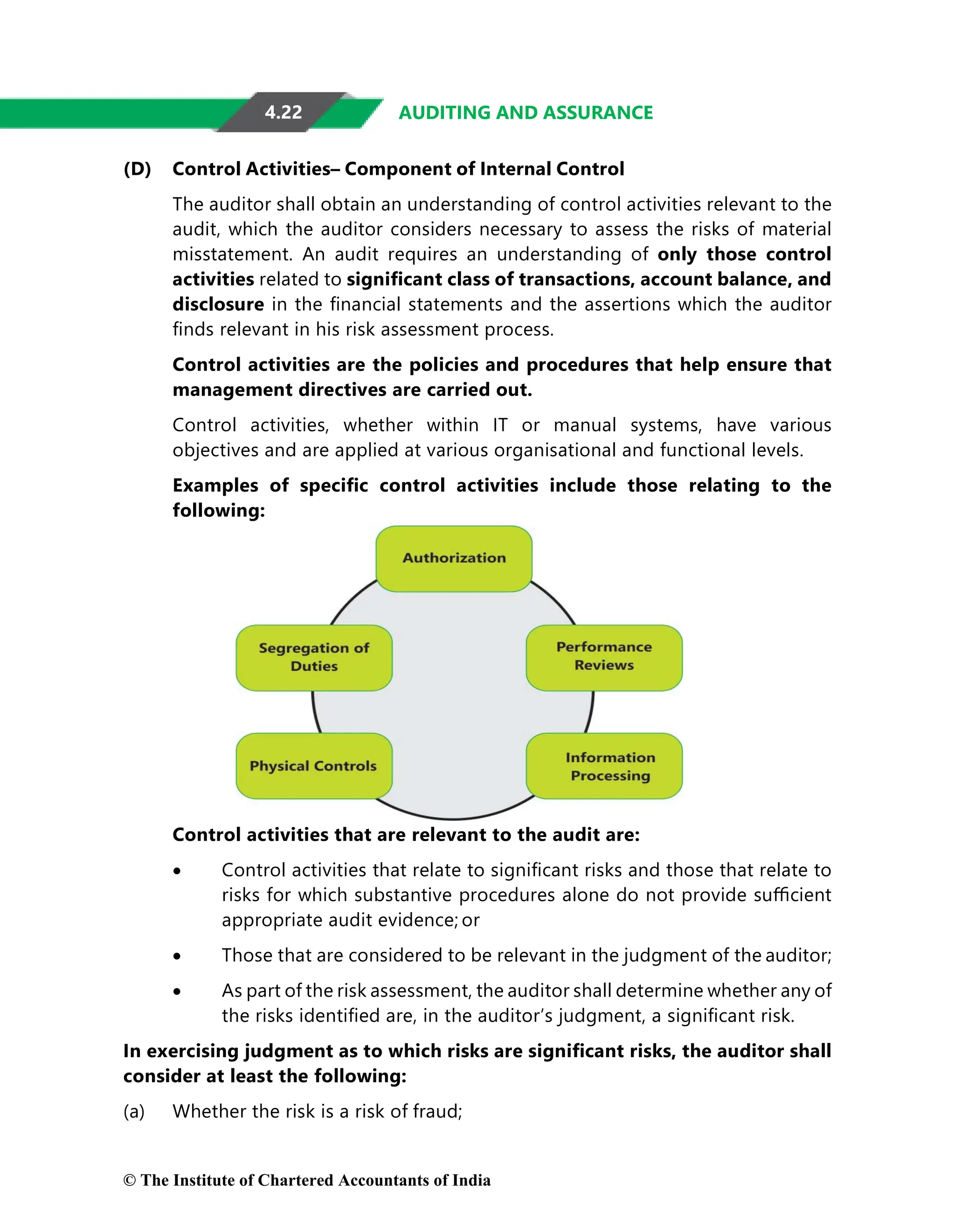4.22 AUDITING AND ASSURANCE
(D) Control Activities– Component of Internal Control
The auditor shall obtain an understanding of control activities relevant to the
audit, which the auditor considers necessary to assess the risks of material
misstatement. An audit requires an understanding of only those control
activities related to signiﬁcant class of transactions, account balance, and
disclosure in the ﬁnancial statements and the assertions which the auditor
ﬁnds relevant in his risk assessment process.
Control activities are the policies and procedures that help ensure that
management directives are carried out.
Control activities, whether within IT or manual systems, have various
objectives and are applied at various organisational and functional levels.
Examples of speciﬁc control activities include those relating to the
following:
Control activities that are relevant to the audit are:
• Control activities that relate to signiﬁcant risks and those that relate to
risks for which substantive procedures alone do not provide suﬃcient
appropriate audit evidence; or
• Those that are considered to be relevant in the judgment of the auditor;
• As part of the risk assessment, the auditor shall determine whether any of
the risks identiﬁed are, in the auditor’s judgment, a signiﬁcant risk.
In exercising judgment as to which risks are signiﬁcant risks, the auditor shall
consider at least the following:
(a) Whether the risk is a risk of fraud;
© The Institute of Chartered Accountants of India
 