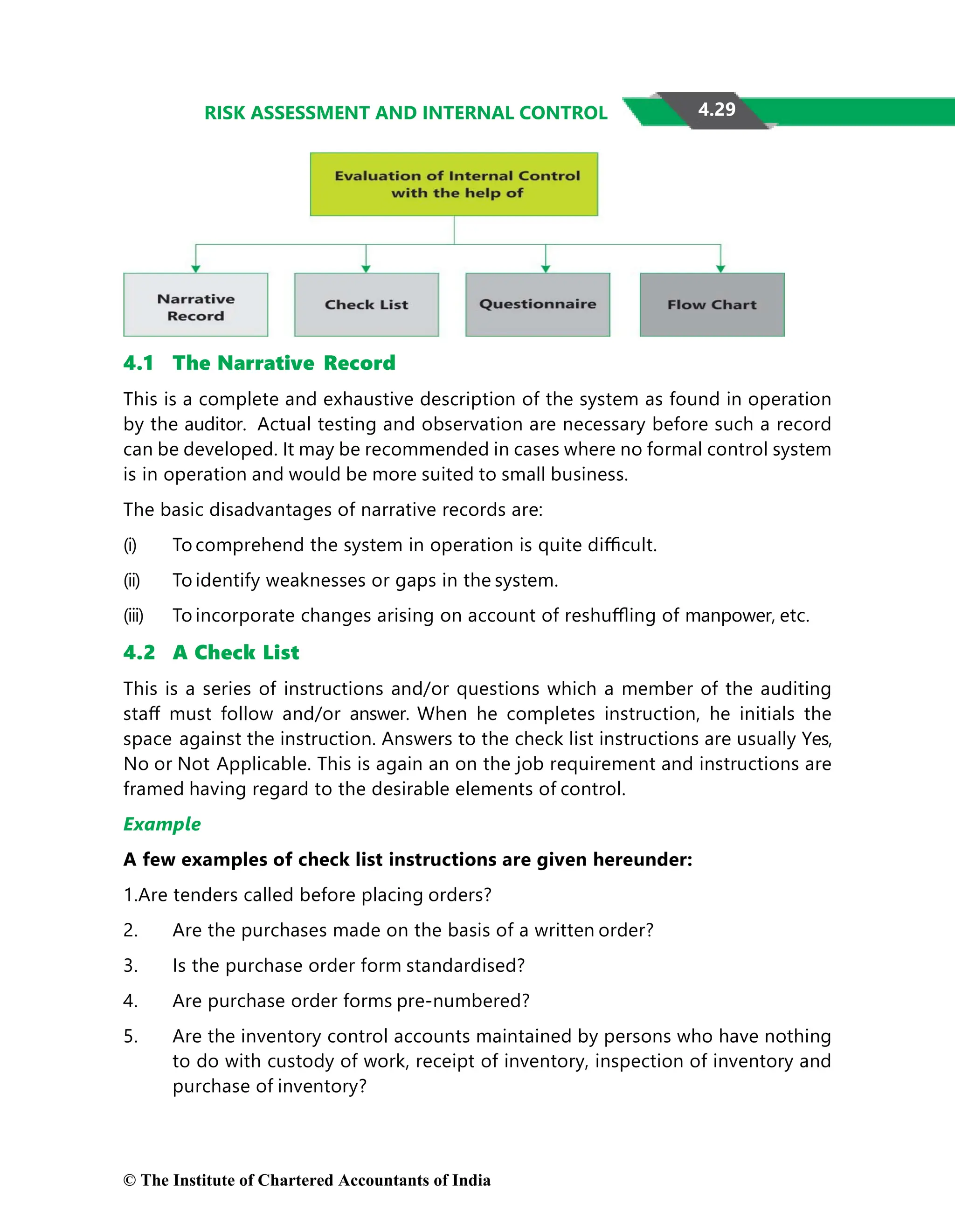 4.29
RISK ASSESSMENT AND INTERNAL CONTROL
4.1 The Narrative Record
This is a complete and exhaustive description of the system as found in operation
by the auditor. Actual testing and observation are necessary before such a record
can be developed. It may be recommended in cases where no formal control system
is in operation and would be more suited to small business.
The basic disadvantages of narrative records are:
(i) To comprehend the system in operation is quite diﬃcult.
(ii) To identify weaknesses or gaps in the system.
(iii) To incorporate changes arising on account of reshuﬄing of manpower, etc.
4.2 A Check List
This is a series of instructions and/or questions which a member of the auditing
staﬀ must follow and/or answer. When he completes instruction, he initials the
space against the instruction. Answers to the check list instructions are usually Yes,
No or Not Applicable. This is again an on the job requirement and instructions are
framed having regard to the desirable elements of control.
Example
A few examples of check list instructions are given hereunder:
1.Are tenders called before placing orders?
2. Are the purchases made on the basis of a written order?
3. Is the purchase order form standardised?
4. Are purchase order forms pre-numbered?
5. Are the inventory control accounts maintained by persons who have nothing
to do with custody of work, receipt of inventory, inspection of inventory and
purchase of inventory?
© The Institute of Chartered Accountants of India
 