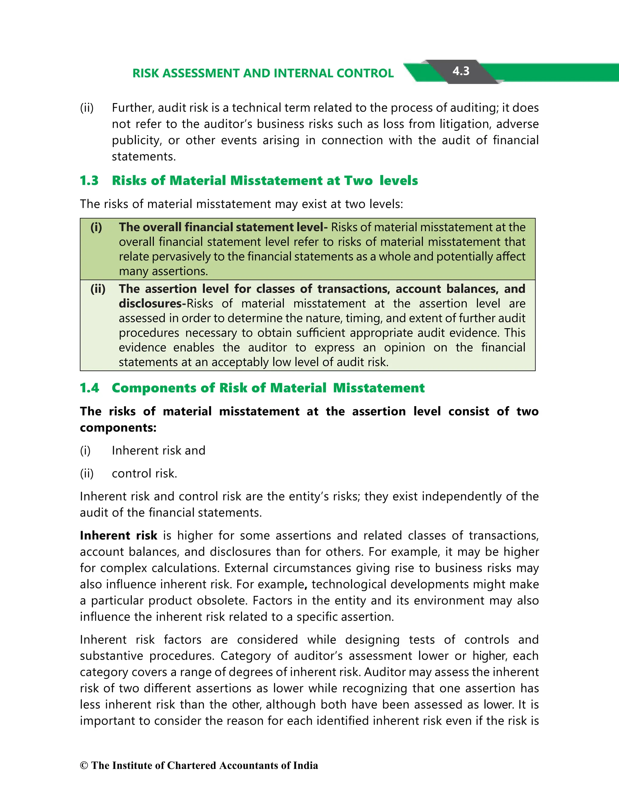 4.3
RISK ASSESSMENT AND INTERNAL CONTROL
(ii) Further, audit risk is a technical term related to the process of auditing; it does
not refer to the auditor’s business risks such as loss from litigation, adverse
publicity, or other events arising in connection with the audit of ﬁnancial
statements.
1.3 Risks of Material Misstatement at Two levels
The risks of material misstatement may exist at two levels:
(i) The overall ﬁnancial statement level- Risks of material misstatement at the
overall ﬁnancial statement level refer to risks of material misstatement that
relate pervasively to the ﬁnancial statements as a whole and potentially aﬀect
many assertions.
(ii) The assertion level for classes of transactions, account balances, and
disclosures-Risks of material misstatement at the assertion level are
assessed in order to determine the nature, timing, and extent of further audit
procedures necessary to obtain suﬃcient appropriate audit evidence. This
evidence enables the auditor to express an opinion on the ﬁnancial
statements at an acceptably low level of audit risk.
1.4 Components of Risk of Material Misstatement
The risks of material misstatement at the assertion level consist of two
components:
(i) Inherent risk and
(ii) control risk.
Inherent risk and control risk are the entity’s risks; they exist independently of the
audit of the ﬁnancial statements.
Inherent risk is higher for some assertions and related classes of transactions,
account balances, and disclosures than for others. For example, it may be higher
for complex calculations. External circumstances giving rise to business risks may
also inﬂuence inherent risk. For example, technological developments might make
a particular product obsolete. Factors in the entity and its environment may also
inﬂuence the inherent risk related to a speciﬁc assertion.
Inherent risk factors are considered while designing tests of controls and
substantive procedures. Category of auditor’s assessment lower or higher, each
category covers a range of degrees of inherent risk. Auditor may assess the inherent
risk of two diﬀerent assertions as lower while recognizing that one assertion has
less inherent risk than the other, although both have been assessed as lower. It is
important to consider the reason for each identiﬁed inherent risk even if the risk is
© The Institute of Chartered Accountants of India
 