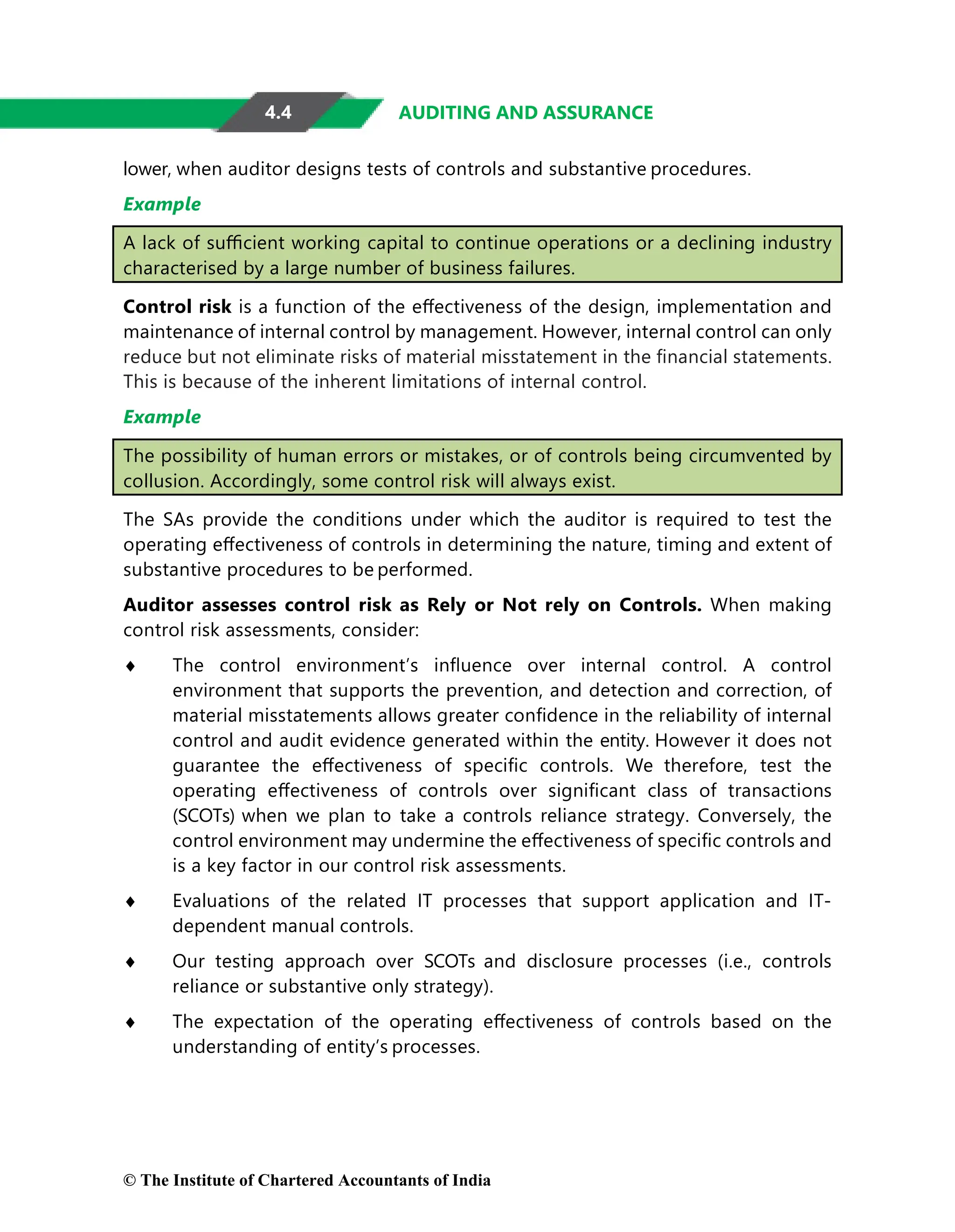4.4 AUDITING AND ASSURANCE
lower, when auditor designs tests of controls and substantive procedures.
Example
A lack of suﬃcient working capital to continue operations or a declining industry
characterised by a large number of business failures.
Control risk is a function of the eﬀectiveness of the design, implementation and
maintenance of internal control by management. However, internal control can only
reduce but not eliminate risks of material misstatement in the ﬁnancial statements.
This is because of the inherent limitations of internal control.
Example
The possibility of human errors or mistakes, or of controls being circumvented by
collusion. Accordingly, some control risk will always exist.
The SAs provide the conditions under which the auditor is required to test the
operating eﬀectiveness of controls in determining the nature, timing and extent of
substantive procedures to be performed.
Auditor assesses control risk as Rely or Not rely on Controls. When making
control risk assessments, consider:
♦ The control environment’s inﬂuence over internal control. A control
environment that supports the prevention, and detection and correction, of
material misstatements allows greater conﬁdence in the reliability of internal
control and audit evidence generated within the entity. However it does not
guarantee the eﬀectiveness of speciﬁc controls. We therefore, test the
operating eﬀectiveness of controls over signiﬁcant class of transactions
(SCOTs) when we plan to take a controls reliance strategy. Conversely, the
control environment may undermine the eﬀectiveness of speciﬁc controls and
is a key factor in our control risk assessments.
♦ Evaluations of the related IT processes that support application and IT-
dependent manual controls.
♦ Our testing approach over SCOTs and disclosure processes (i.e., controls
reliance or substantive only strategy).
♦ The expectation of the operating eﬀectiveness of controls based on the
understanding of entity’s processes.
© The Institute of Chartered Accountants of India
 