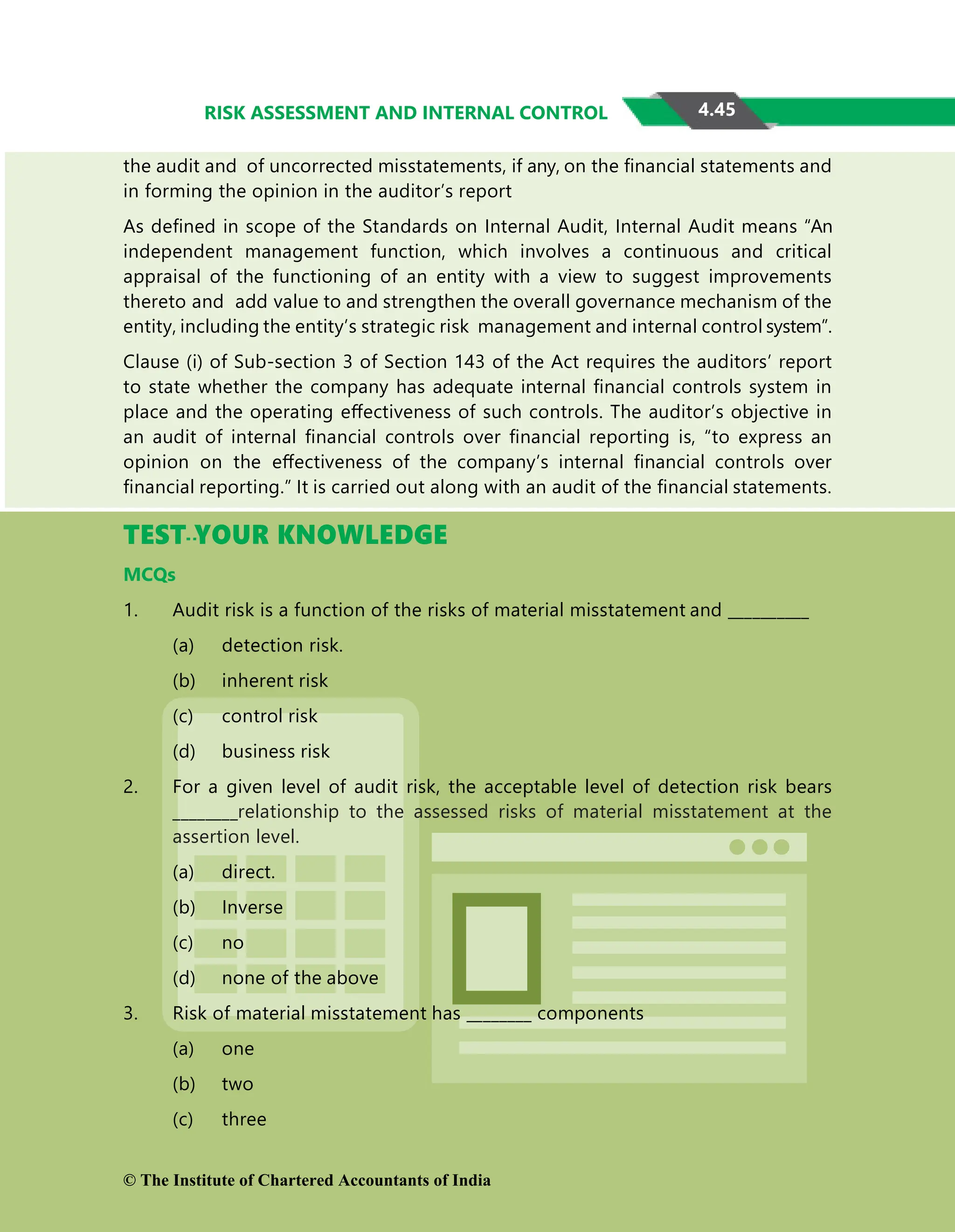 4.45
RISK ASSESSMENT AND INTERNAL CONTROL
the audit and of uncorrected misstatements, if any, on the ﬁnancial statements and
in forming the opinion in the auditor’s report
As deﬁned in scope of the Standards on Internal Audit, Internal Audit means “An
independent management function, which involves a continuous and critical
appraisal of the functioning of an entity with a view to suggest improvements
thereto and add value to and strengthen the overall governance mechanism of the
entity, including the entity’s strategic risk management and internal control system”.
Clause (i) of Sub-section 3 of Section 143 of the Act requires the auditors’ report
to state whether the company has adequate internal ﬁnancial controls system in
place and the operating eﬀectiveness of such controls. The auditor’s objective in
an audit of internal ﬁnancial controls over ﬁnancial reporting is, “to express an
opinion on the eﬀectiveness of the company’s internal ﬁnancial controls over
ﬁnancial reporting.” It is carried out along with an audit of the ﬁnancial statements.
TEST YOUR KNOWLEDGE
MCQs
1. Audit risk is a function of the risks of material misstatement and __________
(a) detection risk.
(b) inherent risk
(c) control risk
(d) business risk
2. For a given level of audit risk, the acceptable level of detection risk bears
________relationship to the assessed risks of material misstatement at the
assertion level.
(a) direct.
(b) Inverse
(c) no
(d) none of the above
3. Risk of material misstatement has ________ components
(a) one
(b) two
(c) three
© The Institute of Chartered Accountants of India
 