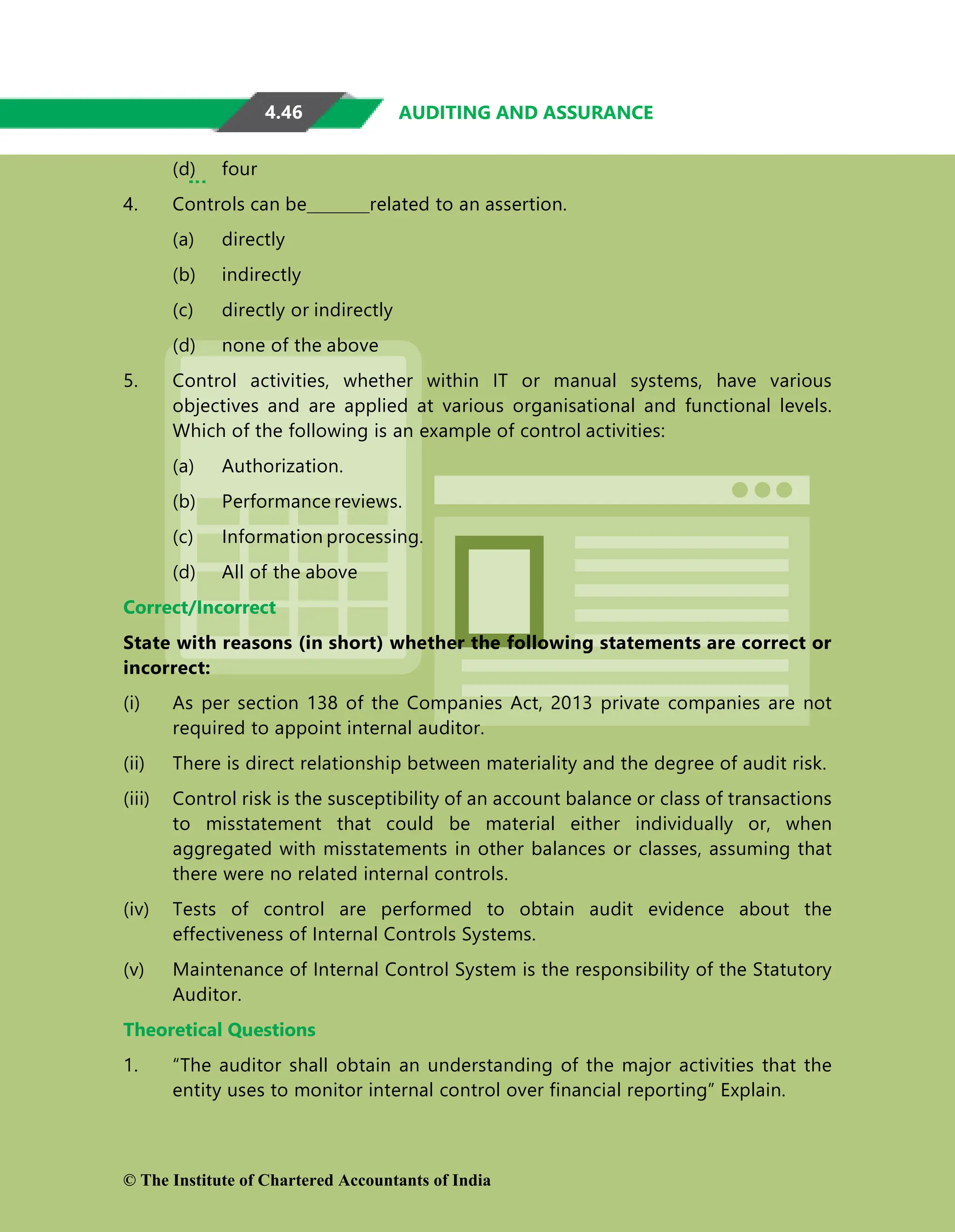 4.46 AUDITING AND ASSURANCE
(d) four
4. Controls can be related to an assertion.
(a) directly
(b) indirectly
(c) directly or indirectly
(d) none of the above
5. Control activities, whether within IT or manual systems, have various
objectives and are applied at various organisational and functional levels.
Which of the following is an example of control activities:
(a) Authorization.
(b) Performance reviews.
(c) Information processing.
(d) All of the above
Correct/Incorrect
State with reasons (in short) whether the following statements are correct or
incorrect:
(i) As per section 138 of the Companies Act, 2013 private companies are not
required to appoint internal auditor.
(ii) There is direct relationship between materiality and the degree of audit risk.
(iii) Control risk is the susceptibility of an account balance or class of transactions
to misstatement that could be material either individually or, when
aggregated with misstatements in other balances or classes, assuming that
there were no related internal controls.
(iv) Tests of control are performed to obtain audit evidence about the
effectiveness of Internal Controls Systems.
(v) Maintenance of Internal Control System is the responsibility of the Statutory
Auditor.
Theoretical Questions
1. “The auditor shall obtain an understanding of the major activities that the
entity uses to monitor internal control over financial reporting” Explain.
© The Institute of Chartered Accountants of India
 