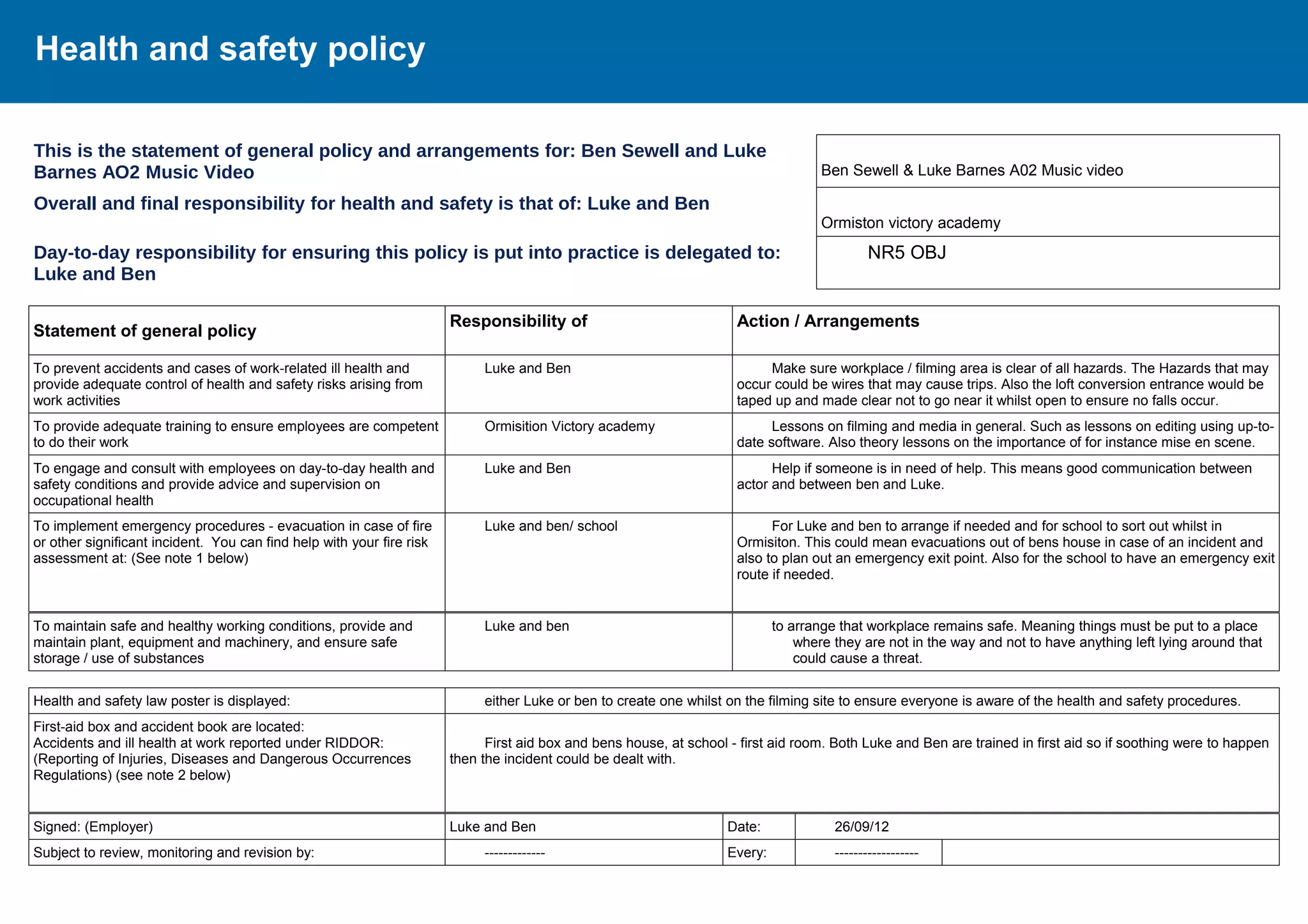Risk assessment & health and Safety | DOC