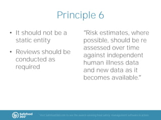 Principle 6
• It should not be a
static entity
• Reviews should be
conducted as
required

Risk estimates, where
possible, should be re
assessed over time
against independent
human illness data
and new data as it
becomes available.

Visit Safefood360.com to see the award-winning food safety management software in action

 