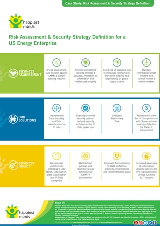 Case Study:
Risk Assessment & Security Strategy Definition for a
US Energy Enterprise
,
For more information visit www.happiestminds.com. Write to us at business@happiestminds.com
About Us
© Happiest Minds Proprietary
Happiest Minds has a sharp focus on enabling Digital Transformation for customers by delivering a Smart, Secure and Connected experience
through disruptive technologies: mobility, big data analytics, security, cloud computing, social computing, M2M/IoT, unified communications,
etc. Enterprises are embracing these technologies to implement Omni-channel strategies, manage structured & unstructured data and make real
time decisions based on actionable insights, while ensuring security for data and infrastructure. Happiest Minds also offers high degree of skills,
IPs and domain expertise across a set of focused areas that include IT Services, Product Engineering Services, Infrastructure Management,
Security, Testing and Consulting.
Headquartered in Bangalore, India, Happiest Minds has operations in the US, UK, Singapore and Australia. It secured a $52.5 million Series-A
funding led by Canaan Partners, Intel Capital and Ashok Soota.
BUSINESS
REQUIREMENT
OUR
SOLUTIONS
BUSINESS
IMPACT
IP risk assessment,
Gap analysis against
CMMI & overall
security maturity
Provide well deﬁned
security strategy &
process, protection to
information and
intellectual property
Avoid risk of exposure due
to increased connectivity,
workforce mobility and
dependency on global
supply chains
Maintain
information across
network and
control remote &
mobile workers
Implemented
Data discovery
and Data
classiﬁcation for
IP data
Evaluated current
security posture;
deﬁned security
architecture for IP
Data protection
Analyzed
Preliminary
Risk
Remediation plans
for IP Data protection
with 3 year solution
roadmap deﬁnition
for CMMI 4
achievement
Documented
visibility into
enterprise’s Data
stores, Data owners,
Data classiﬁcation
and IP Data
categories
Well deﬁned
policies and
Objective & Goal
deﬁnition for
CMMI 4
achievement
Improved Accountability
for Data protection;
Visibility into timelines
and implementation costs
Increased awareness
of information
security policies and
(IP) Data protection
across business
& IT sectors
Case Study: Risk Assessment & Security Strategy Definition
3
 