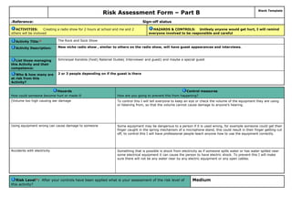 Risk Assessment Form – Part B
Blank Template
6Reference: Sign-off status
ACTIVITIES: Creating a radio show for 2 hours at school and me and 2
others will be invloved
HAZARDS & CONTROLS: Unlikely anyone would get hurt, I will remind
everyone involved to be responsible and careful
Activity Title:* The Rock and Sock Show
Activity Description: New niche radio show , similar to others on the radio show, will have guest appearances and interviews.
List those managing
this Activity and their
competence:
Simranpal Kandola (host) Nataniel Dudek( Interviewer and guest) and maybe a special guest
Who & how many are
at risk from this
Activity?
2 or 3 people depending on if the guest is there
Hazards
How could someone become hurt or made ill
Control measures
How are you going to prevent this from happening?
[Volume too high causing ear damage To control this I will tell everyone to keep an eye or check the volume of the equipment they are using
or listening from, so that the volume cannot cause damage to anyone’s hearing.
Using equipment wrong can cause damage to someone Some equipment may be dangerous to a person if it is used wrong, for example someone could get their
finger caught in the spring mechanism of a microphone stand, this could result in their finger getting cut
off, to control this I will have professional people teach anyone how to use the equipment correctly.
Accidents with electricity Something that is possible is shock from electricity as if someone spills water or has water spilled near
some electrical equipment it can cause the person to have electric shock. To prevent this I will make
sure there will not be any water near by any electric equipment or any open cables.
Risk Level*: After your controls have been applied what is your assessment of the risk level of
this activity?
Medium
 