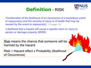 Risk means the chance that someone will be
harmed by the hazard.
Risk = Hazard effect x Probability (likelihood
of Occurrence)
Definition - RISK
•Combination of the likelihood of an occurrence of a hazardous event
or exposure(s) and the severity of injury or ill health that may be
caused by the event or exposure(s) (13 page 13)
•Likelihood that a hazard will cause a specific harm or injury to
person or damage property (MOM)
 