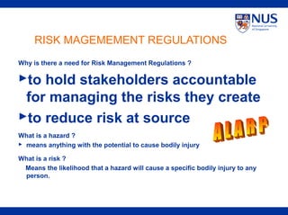 RISK MAGEMEMENT REGULATIONS
Why is there a need for Risk Management Regulations ?
to hold stakeholders accountable
for managing the risks they create
to reduce risk at source
What is a hazard ?
 means anything with the potential to cause bodily injury
What is a risk ?
Means the likelihood that a hazard will cause a specific bodily injury to any
person.
 