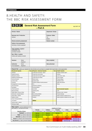 NUJ Commission on multi-media working 2007 53
APPENDICES
8.HEALTH AND SAFE T Y:
THE BBC RISK ASSESSMENT FORM
General Risk Assessment Form
– Part A
April 2007- DC
Division / Studio Department / Series
Business Unit / Production
Address
Producer / Editor
Tel:
Mobile:
Period covered by assessment Version number
Outline of risk assessment
Summary of what is proposed
Team members / experts /
contractors / etc.
List those involved
Site / Office / Location
Outline site/ locations involved
Assessor Name
Signature
Date completed
Authoriser Name
(if not Assessor) Signature
Date authorised
Hazard list – select your hazards from the list below and use these to complete Part B (add others where appropriate)
Situational hazards Tick Physical / chemical hazards Tick Health hazards Tick
Asbestos Contact with cold liquid / vapour Disease causative agent
Assault by person Contact with cold surface Infection
Attacked by animal Contact with hot liquid / vapour Lack of food / water
Breathing compressed gas Contact with hot surface Lack of oxygen
Cold environment Electric shock Physical fatigue
Crush by load Explosive blast Repetitive action
Drowning Explosive release of stored pressure Static body posture
Entanglement in moving machinery Fire Stress
Hot environment Hazardous substance
Intimidation Ionizing radiation
Lifting Equipment Laser light Environmental hazards
Manual handling Lightning strike Litter
Object falling, moving or flying Noise Nuisance noise / vibration
Obstruction / exposed feature Non-ionizing radiation Physical damage
Sharp object / material Stroboscopic light Waste substance released into air
Slippery surface Vibration Waste substance released into soil / water
Trap in moving machinery
Trip hazard Other
Vehicle impact / collision
Working at height
Risk matrix – use this to determine risk for
each hazard i.e. ‘how bad and how likely’ Likelihood of Harm
Severity of Harm
Remote
e.g. <1 in 1000 chance
Unlikely
e.g. 1 in 200 chance
Possible
e.g. 1 in 50 chance
Likely
e.g. 1 in 10 chance
Probable
e.g. >1 in 3 chance
Negligible e.g. small bruise Very low Very low Very low Low Low
Slight e.g. small cut, deep bruise Very low Very low Low Low Medium
Moderate e.g. deep cut, torn muscle Very low Low Medium Medium High
Severe e.g. fracture, loss of consciousness Low Medium High High Extremely high
Very Severe e.g. death, permanent disability Low Medium High Extremely high Extremely high
Laura Rollason
HeathPark Studios
Laura Rollason
We are producing a risk assessment due to the possibility of cast and crew being injured in the process
of recording, most likely by situational hazards.
Frederick Road (Indoor Location), Prestwood Road (Outdoor Location)
/
/
/
/
/
Laura Rollason DeJarna Green
 