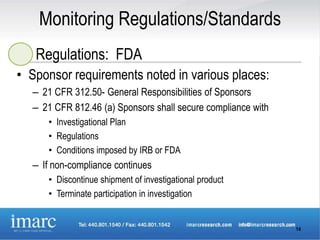 Monitoring Regulations/Standards
   Regulations: FDA
• Sponsor requirements noted in various places:
  – 21 CFR 312.50- General Responsibilities of Sponsors
  – 21 CFR 812.46 (a) Sponsors shall secure compliance with
     • Investigational Plan
     • Regulations
     • Conditions imposed by IRB or FDA
  – If non-compliance continues
     • Discontinue shipment of investigational product
     • Terminate participation in investigation


                                                              14
 