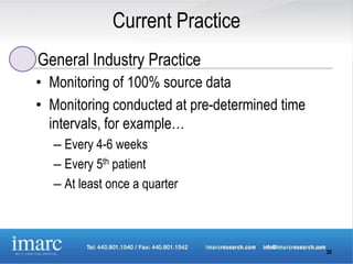 Current Practice
General Industry Practice
• Monitoring of 100% source data
• Monitoring conducted at pre-determined time
  intervals, for example…
  – Every 4-6 weeks
  – Every 5th patient
  – At least once a quarter



                                                20
 