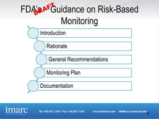 FDA’s Guidance on Risk-Based
        Monitoring
    Introduction

      Rationale

       General Recommendations

      Monitoring Plan

    Documentation



                                 27
 
