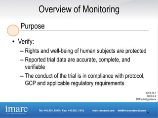 Overview of Monitoring
   Purpose
• Verify:
   – Rights and well-being of human subjects are protected
   – Reported trial data are accurate, complete, and
     verifiable
   – The conduct of the trial is in compliance with protocol,
     GCP and applicable regulatory requirements
                                                                 ICH 5.18.1
                                                                   ISO 8.2.4
                                                        FDA’s draft guidance




                                                                   9
 