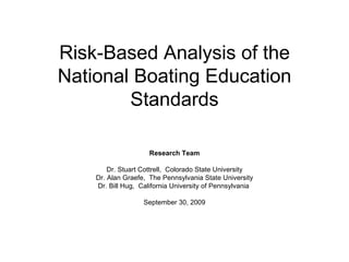 Risk-Based Analysis of the National Boating Education Standards Research Team Dr. Stuart Cottrell,  Colorado State University Dr. Alan Graefe,  The Pennsylvania State University Dr. Bill Hug,  California University of Pennsylvania  September 30, 2009 