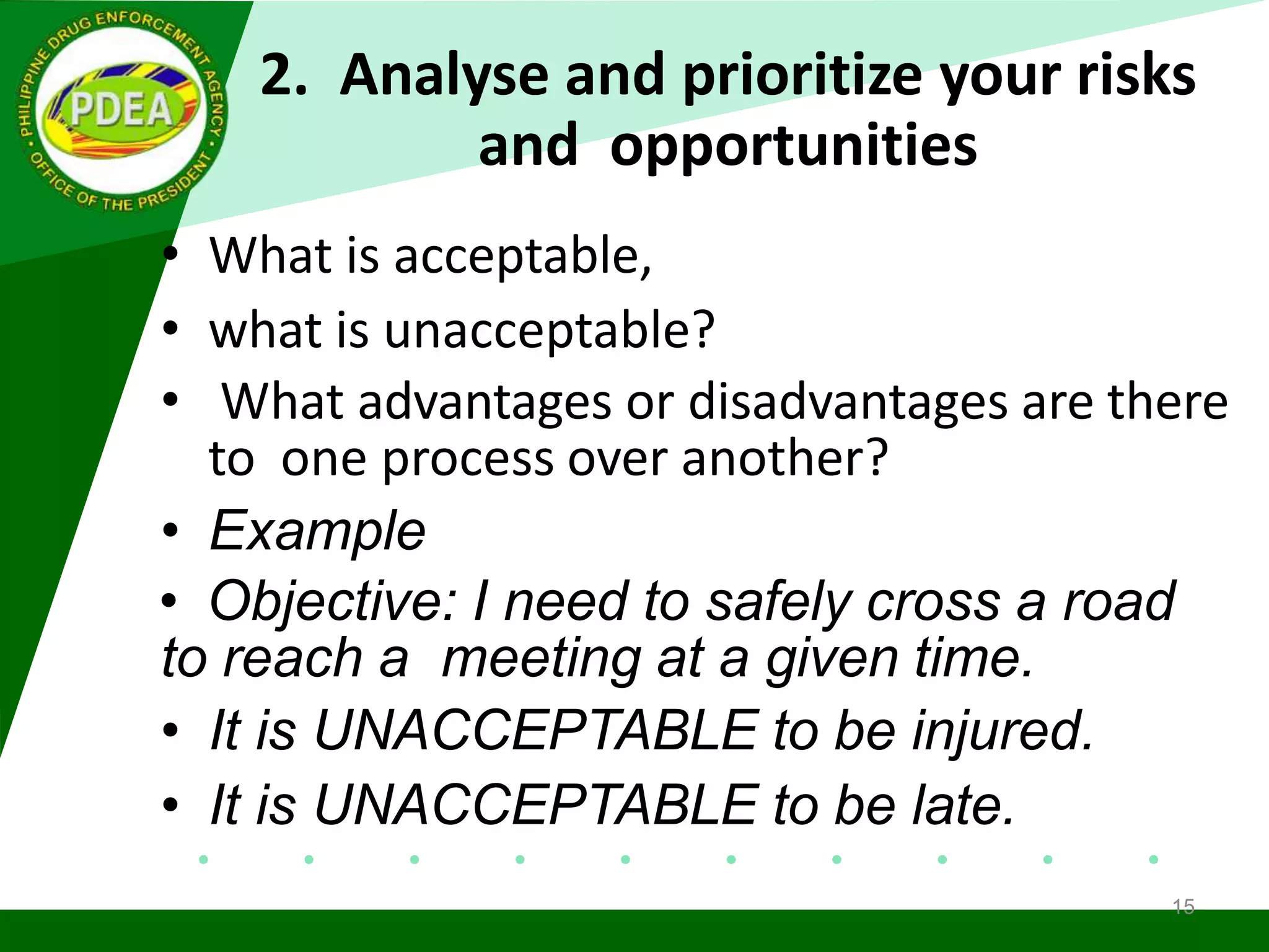 2. Analyse and prioritize your risks
and opportunities
• What is acceptable,
• what is unacceptable?
• What advantages or disadvantages are there
to one process over another?
• Example
• Objective: I need to safely cross a road
to reach a meeting at a given time.
• It is UNACCEPTABLE to be injured.
• It is UNACCEPTABLE to be late.
15
 