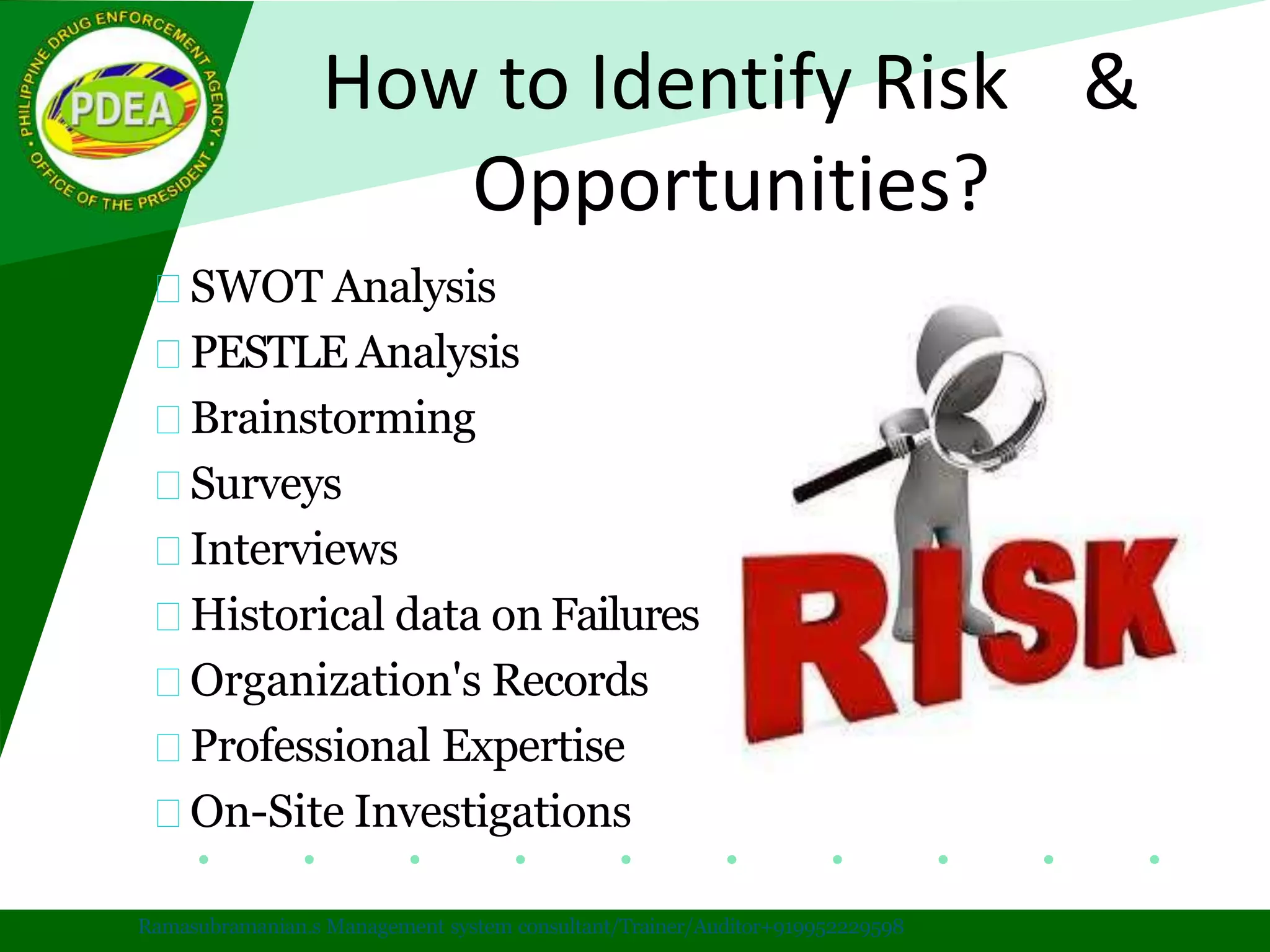 How to Identify Risk &
Opportunities?
SWOT Analysis
PESTLE Analysis
Brainstorming
Surveys
Interviews
Historical data on Failures
Organization's Records
Professional Expertise
On-Site Investigations
Ramasubramanian.s Management system consultant/Trainer/Auditor+919952229598
 