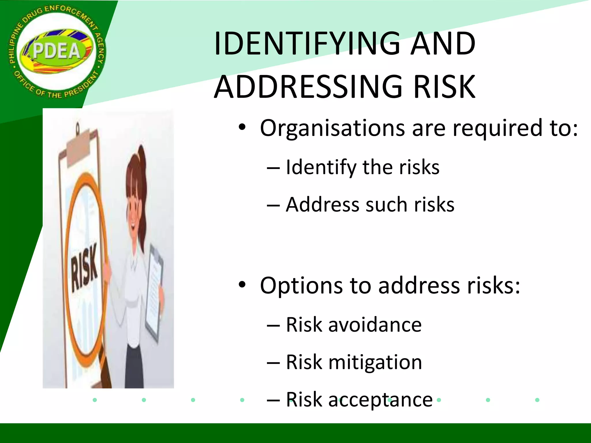 IDENTIFYING AND
ADDRESSING RISK
• Organisations are required to:
– Identify the risks
– Address such risks
• Options to address risks:
– Risk avoidance
– Risk mitigation
– Risk acceptance
 