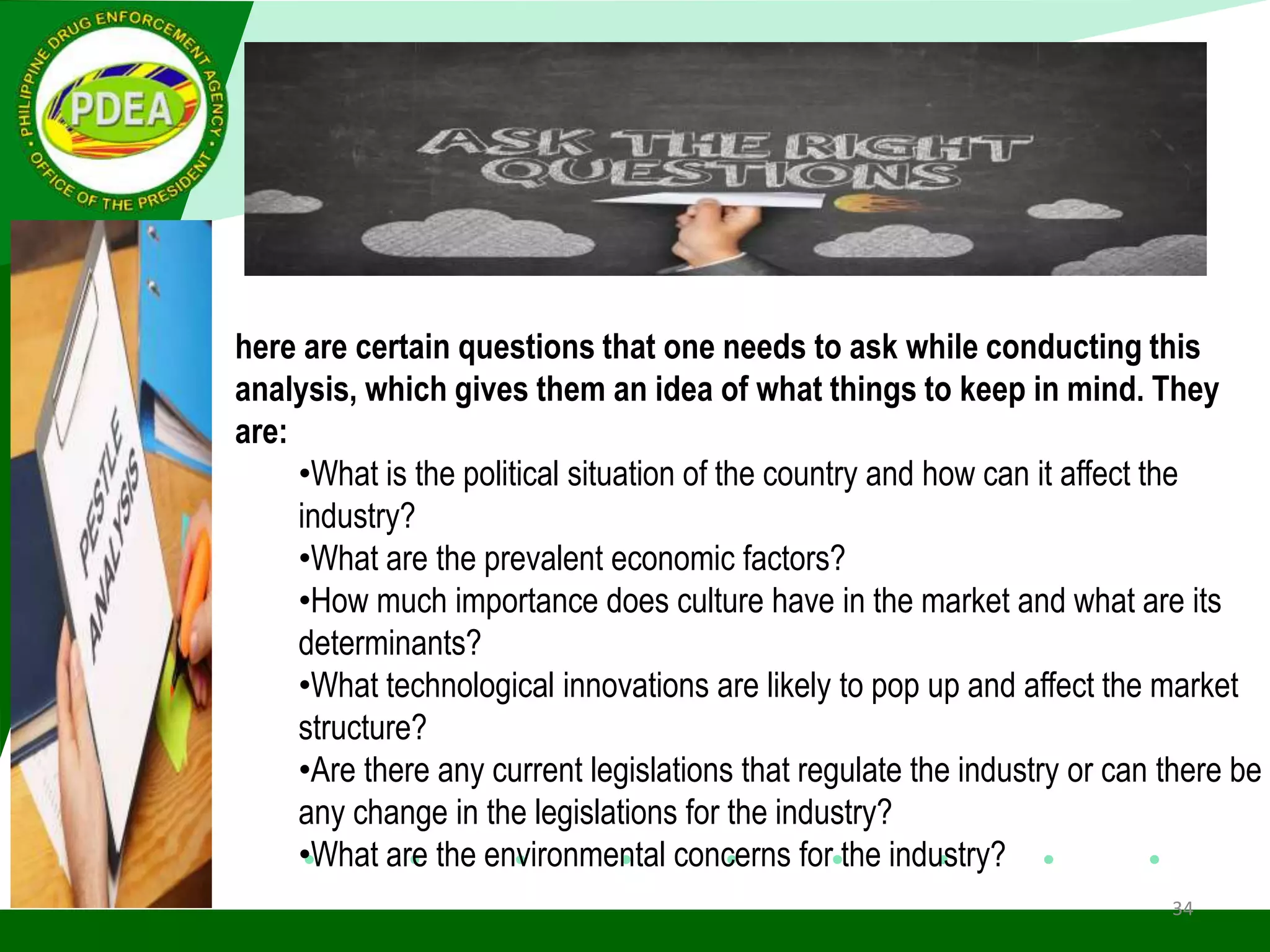 34
here are certain questions that one needs to ask while conducting this
analysis, which gives them an idea of what things to keep in mind. They
are:
•What is the political situation of the country and how can it affect the
industry?
•What are the prevalent economic factors?
•How much importance does culture have in the market and what are its
determinants?
•What technological innovations are likely to pop up and affect the market
structure?
•Are there any current legislations that regulate the industry or can there be
any change in the legislations for the industry?
•What are the environmental concerns for the industry?
 