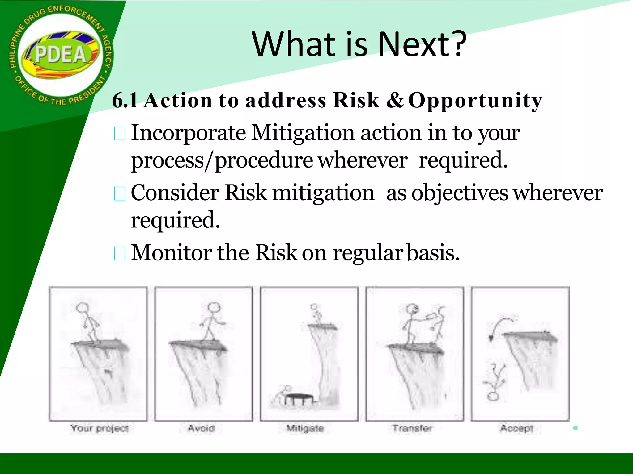What is Next?
6.1Action to address Risk &Opportunity
Incorporate Mitigation action in to your
process/procedure wherever required.
Consider Risk mitigation as objectives wherever
required.
Monitor the Risk on regularbasis.
 