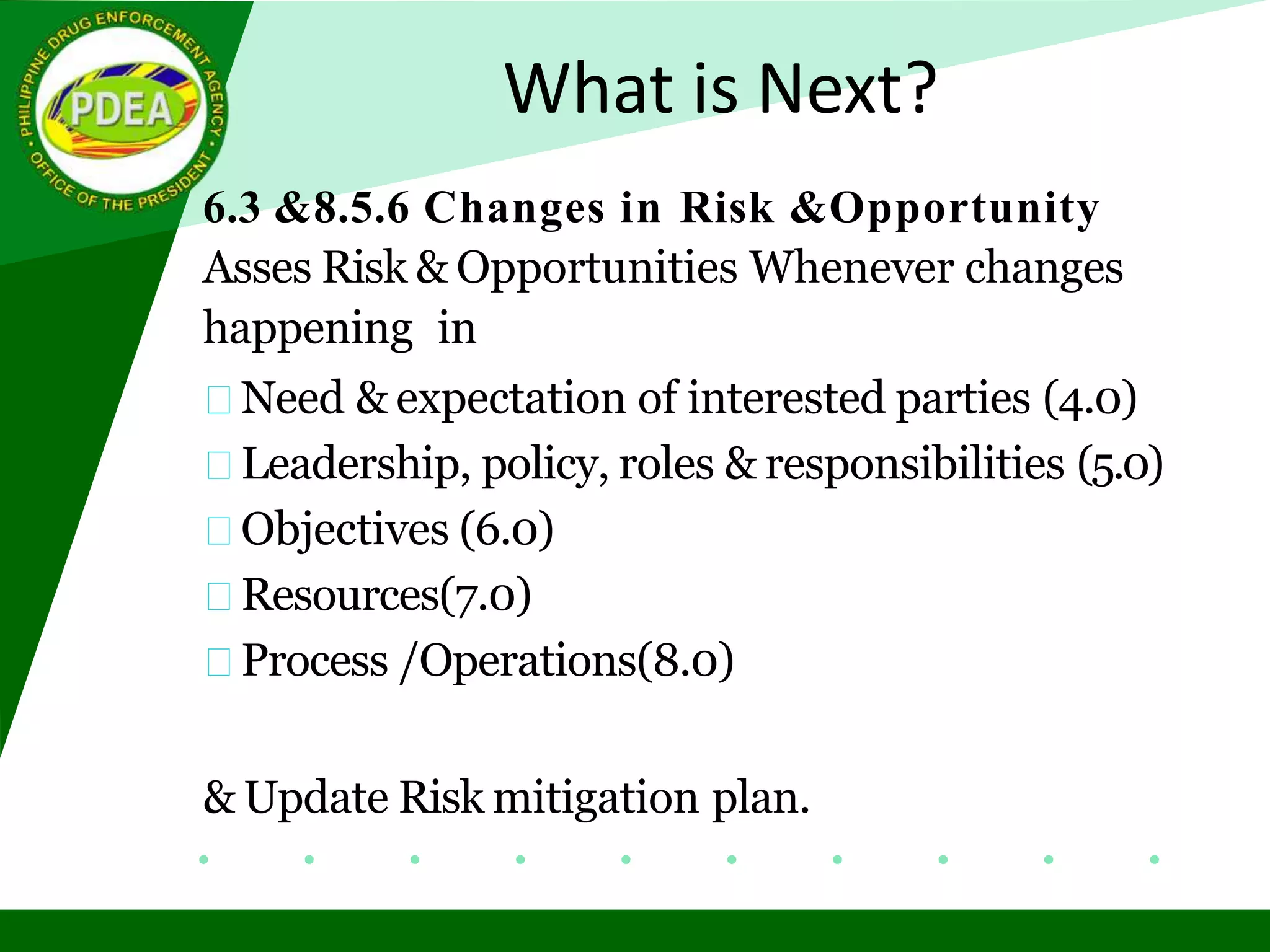 What is Next?
6.3 &8.5.6 Changes in Risk &Opportunity
Asses Risk & Opportunities Whenever changes
happening in
Need & expectation of interested parties (4.0)
Leadership, policy, roles & responsibilities (5.0)
Objectives (6.0)
Resources(7.0)
Process /Operations(8.0)
& Update Risk mitigation plan.
 