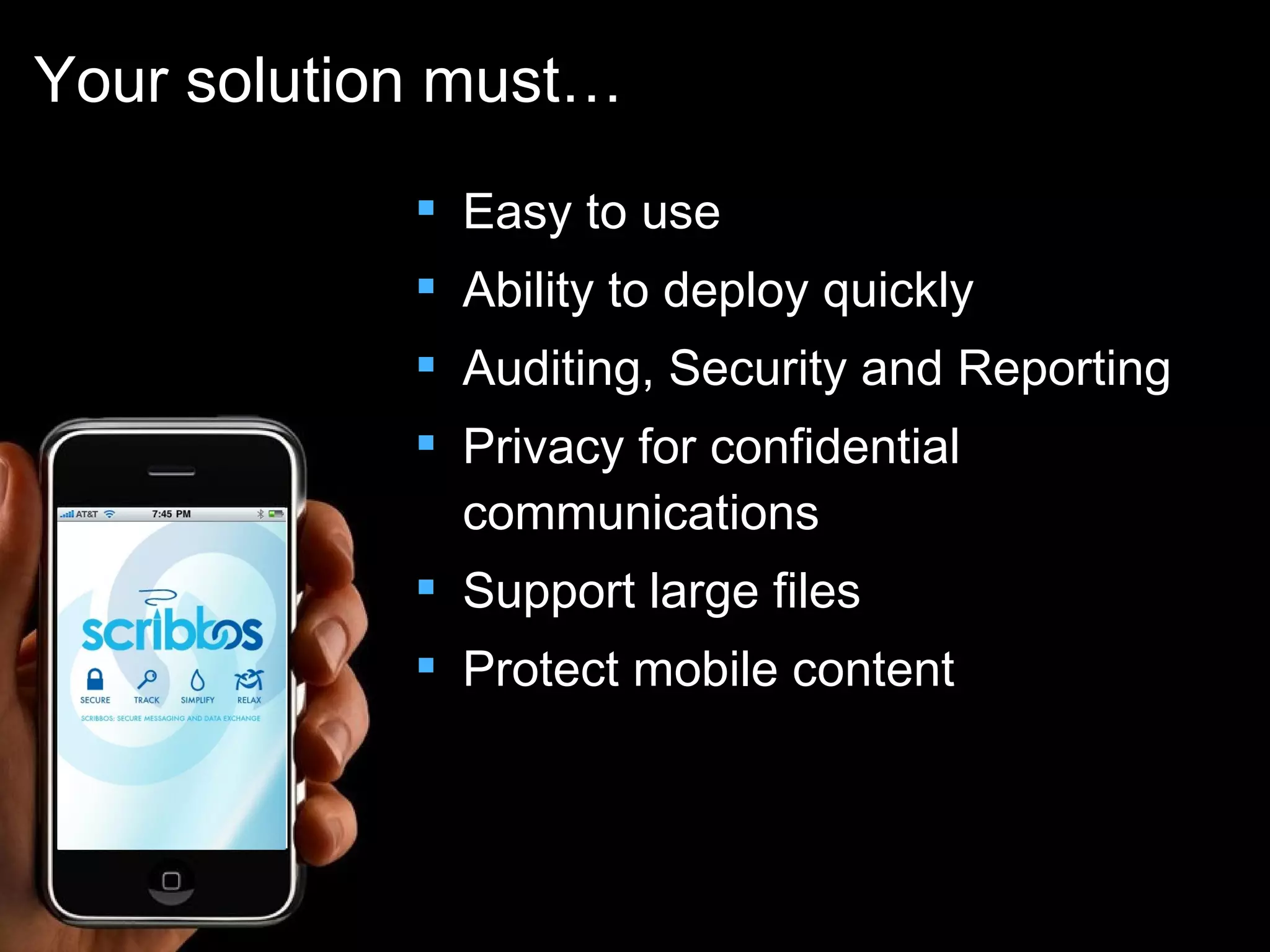 Easy to use Ability to deploy quickly Auditing, Security and Reporting Privacy for confidential communications Support large files Protect mobile content Your solution must… 