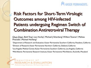Risk Factors for Short-Term Virologic
    Outcomes among HIV-infected
    Patients undergoing Regimen Switch of
    Combination Antiretroviral Therapy
Chun Chao1, Beth Tang1, Leo Hurley2, Michael J Silverberg2, William Towner3, Melissa
Preciado1, Michael Horberg4
Department of Research and Evaluation, Kaiser Permanente Southern California, Pasadena, California
1


Division of Research, Kaiser Permanente Northern California, Oakland, California
2


Los Angeles Medical Center, Kaiser Permanente Southern California, Los Angeles, California
3


Mid-Atlantic Permanente Research Institute, Kaiser Permanente Mid-Atlantic, Rockville, Maryland
4




                                                                                                  1
 