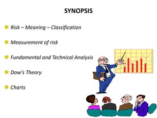 SYNOPSIS
Risk – Meaning – Classification
Measurement of risk
Fundamental and Technical Analysis
Dow’s Theory
Charts
 