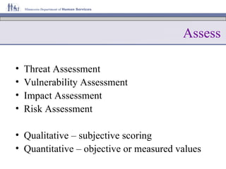 Assess Threat Assessment Vulnerability Assessment Impact Assessment Risk Assessment Qualitative – subjective scoring Quantitative – objective or measured values 