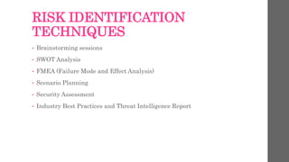 RISK IDENTIFICATION
TECHNIQUES
• Brainstorming sessions
• SWOT Analysis
• FMEA (Failure Mode and Effect Analysis)
• Scenario Planning
• Security Assessment
• Industry Best Practices and Threat Intelligence Report
 