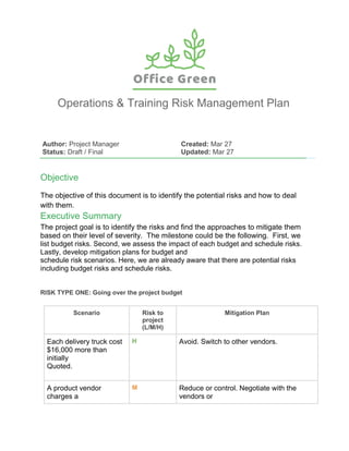 Operations & Training Risk Management Plan
Author: Project Manager
Status: Draft / Final
Created: Mar 27
Updated: Mar 27
Objective
The objective of this document is to identify the potential risks and how to deal
with them.
Executive Summary
The project goal is to identify the risks and find the approaches to mitigate them
based on their level of severity. The milestone could be the following. First, we
list budget risks. Second, we assess the impact of each budget and schedule risks.
Lastly, develop mitigation plans for budget and
schedule risk scenarios. Here, we are already aware that there are potential risks
including budget risks and schedule risks.
RISK TYPE ONE: Going over the project budget
Scenario Risk to
project
(L/M/H)
Mitigation Plan
Each delivery truck cost
$16,000 more than
initially
Quoted.
H Avoid. Switch to other vendors.
A product vendor
charges a
M Reduce or control. Negotiate with the
vendors or
 