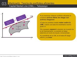 Los inversores obtienen portfolios eficientes al combinar  activos libres de riesgo con activos riesgosos Todos los portfolios ideales  estan sobre la CML  y tienen una base de rendimiento mínimo igual a rf. Es necesario  separar  la decisión de inversión de la de financiamiento. La aversión al riesgo determina el monto de deuda a tomar/prestar La pendiente de la CML es el trade-off riesgo-retorno y es  lineal σ r CML Rf Bonds +  Risky Asset Deuda +  Risky Asset 03 Markowitz. Teoría de portfolios eficientes  Capital Market Line (CML) –  Takeaways Conjunto de Portfolios A B C D E F G H 