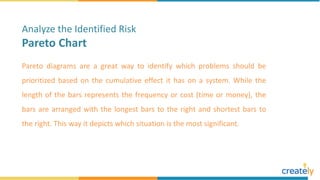 Pareto diagrams are a great way to identify which problems should be
prioritized based on the cumulative effect it has on a system. While the
length of the bars represents the frequency or cost (time or money), the
bars are arranged with the longest bars to the right and shortest bars to
the right. This way it depicts which situation is the most significant.
Analyze the Identified Risk
Pareto Chart
 