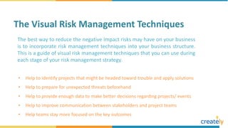 The best way to reduce the negative impact risks may have on your business
is to incorporate risk management techniques into your business structure.
This is a guide of visual risk management techniques that you can use during
each stage of your risk management strategy.
The Visual Risk Management Techniques
• Help to identify projects that might be headed toward trouble and apply solutions
• Help to prepare for unexpected threats beforehand
• Help to provide enough data to make better decisions regarding projects/ events
• Help to improve communication between stakeholders and project teams
• Help teams stay more focused on the key outcomes
 