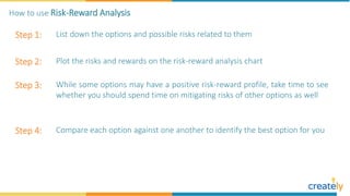 Step 1: List down the options and possible risks related to them
Step 2: Plot the risks and rewards on the risk-reward analysis chart
Step 3: While some options may have a positive risk-reward profile, take time to see
whether you should spend time on mitigating risks of other options as well
Step 4: Compare each option against one another to identify the best option for you
How to use Risk-Reward Analysis
 