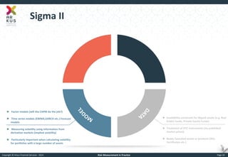 Copyright © Arkus Financial Services - 2014 
Risk Measurement in Practice 
Page 10 
Sigma II 
► Factor models (will the CAPM do the job?) 
► Time series models (EWMA,GARCH etc.) Forecast models 
► Measuring volatility using information from derivative markets (implied volatility) 
► Particularly important when calculating volatility for portfolios with a large number of assets 
►Availability constraint for illiquid assets (e.g. Real Estate Funds, Private Equity Funds) 
►Treatment of OTC instruments (no published market prices) 
►Newly launched assets or products (IPO, Certificates etc.)  