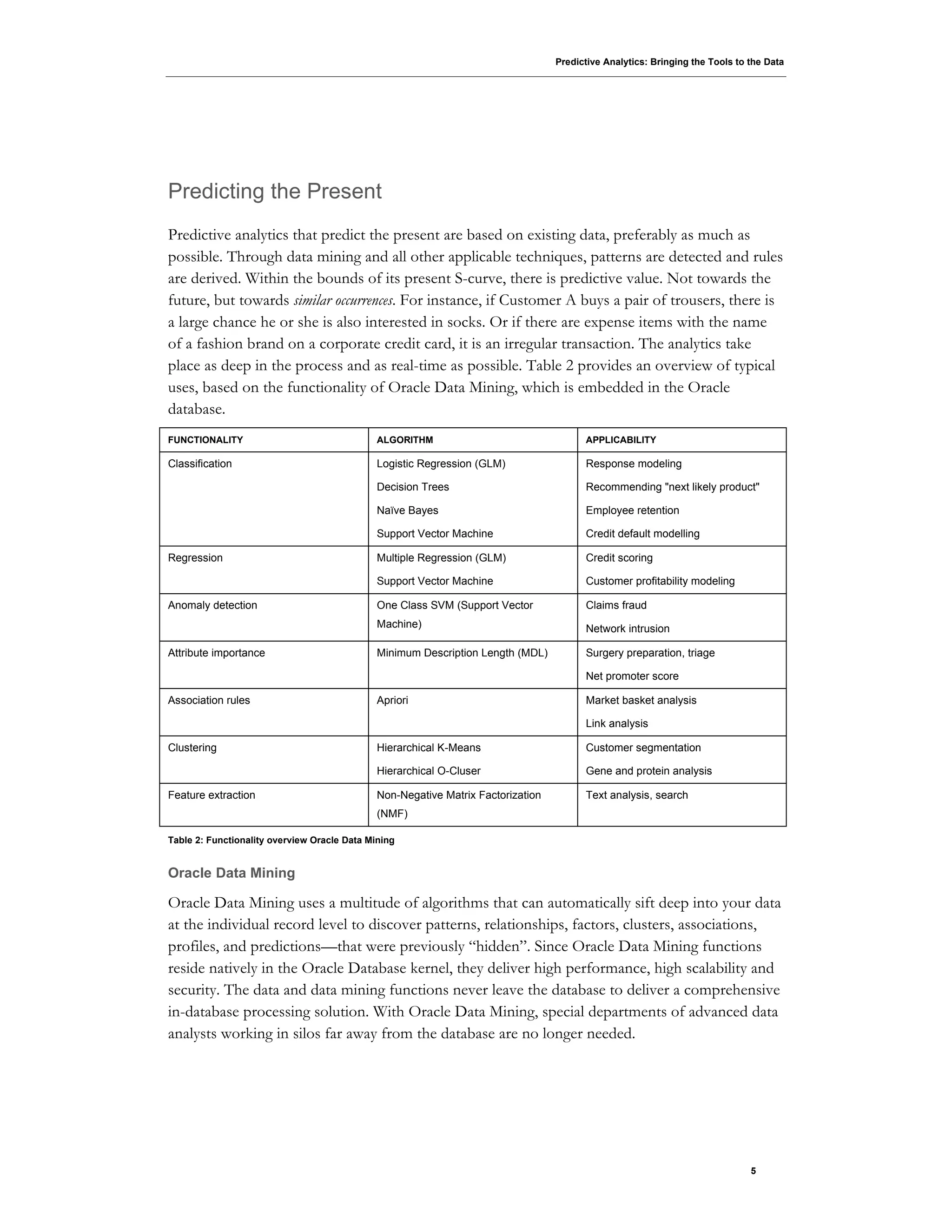 Predictive Analytics: Bringing the Tools to the Data
5
Predicting the Present
Predictive analytics that predict the present are based on existing data, preferably as much as
possible. Through data mining and all other applicable techniques, patterns are detected and rules
are derived. Within the bounds of its present S-curve, there is predictive value. Not towards the
future, but towards similar occurrences. For instance, if Customer A buys a pair of trousers, there is
a large chance he or she is also interested in socks. Or if there are expense items with the name
of a fashion brand on a corporate credit card, it is an irregular transaction. The analytics take
place as deep in the process and as real-time as possible. Table 2 provides an overview of typical
uses, based on the functionality of Oracle Data Mining, which is embedded in the Oracle
database.
FUNCTIONALITY ALGORITHM APPLICABILITY
Classification Logistic Regression (GLM)
Decision Trees
Naïve Bayes
Support Vector Machine
Response modeling
Recommending "next likely product"
Employee retention
Credit default modelling
Regression Multiple Regression (GLM)
Support Vector Machine
Credit scoring
Customer profitability modeling
Anomaly detection One Class SVM (Support Vector
Machine)
Claims fraud
Network intrusion
Attribute importance Minimum Description Length (MDL) Surgery preparation, triage
Net promoter score
Association rules Apriori Market basket analysis
Link analysis
Clustering Hierarchical K-Means
Hierarchical O-Cluser
Customer segmentation
Gene and protein analysis
Feature extraction Non-Negative Matrix Factorization
(NMF)
Text analysis, search
Table 2: Functionality overview Oracle Data Mining
Oracle Data Mining
Oracle Data Mining uses a multitude of algorithms that can automatically sift deep into your data
at the individual record level to discover patterns, relationships, factors, clusters, associations,
profiles, and predictions—that were previously “hidden”. Since Oracle Data Mining functions
reside natively in the Oracle Database kernel, they deliver high performance, high scalability and
security. The data and data mining functions never leave the database to deliver a comprehensive
in-database processing solution. With Oracle Data Mining, special departments of advanced data
analysts working in silos far away from the database are no longer needed.
 