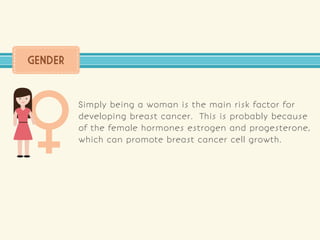 GENDER
Simply being a woman is the main risk factor for
developing breast cancer. This is probably because
of the female h...