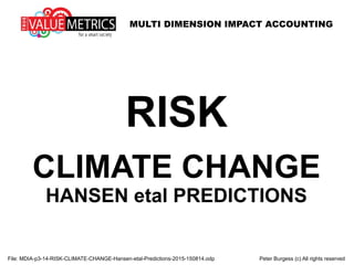 MULTI DIMENSION IMPACT ACCOUNTING
File: MDIA-p3-14-RISK-CLIMATE-CHANGE-Hansen-etal-Predictions-2015-150814.odp Peter Burgess (c) All rights reserved
RISK
CLIMATE CHANGE
HANSEN etal PREDICTIONS
 